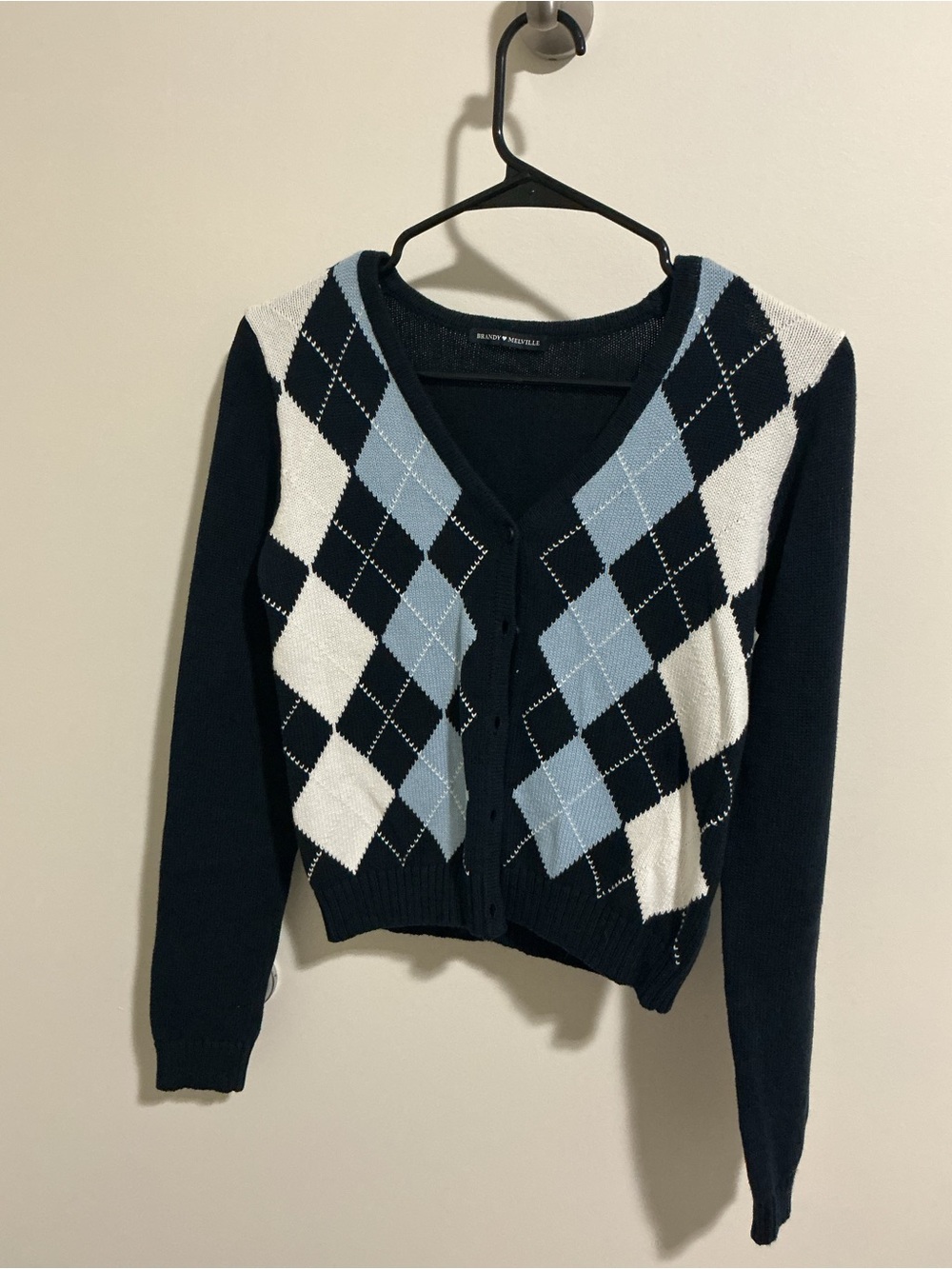 Argyle V-Neck Cardigan Sweater - Navy, Light Blue & White Brandy Melville